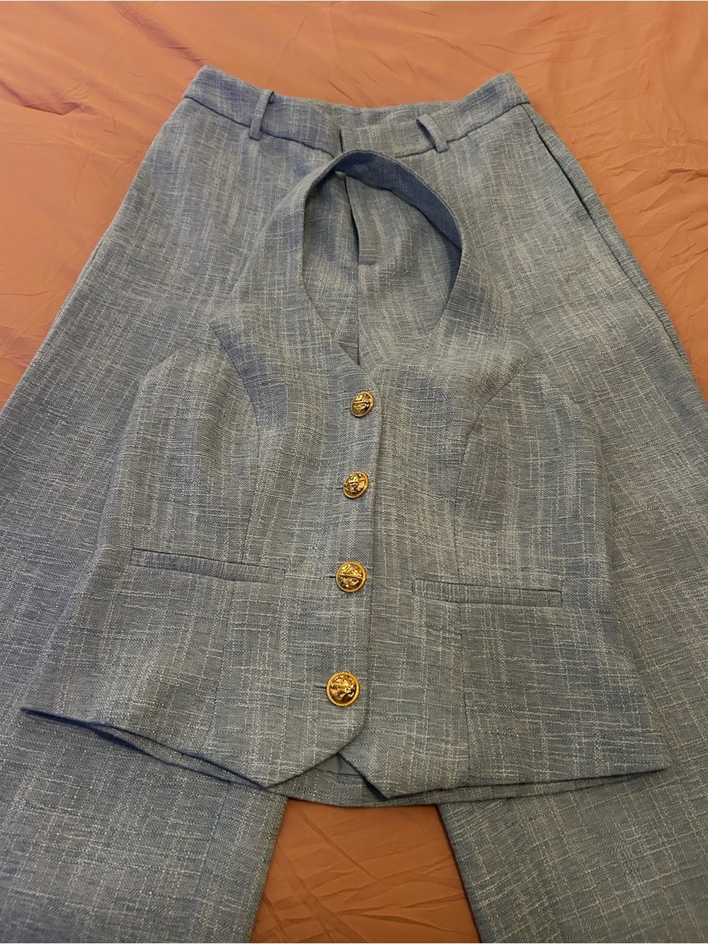 Commense Light Blue Textured Vest and Pants Set with Gold Buttons. Size M. - Picture 3 of 16